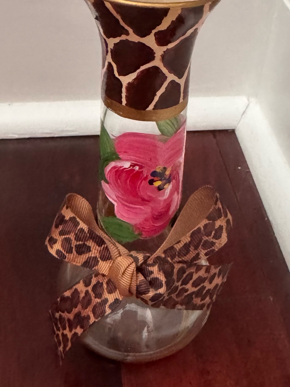 Hand-Painted Pink Floral Glass Vase with Brown Accents